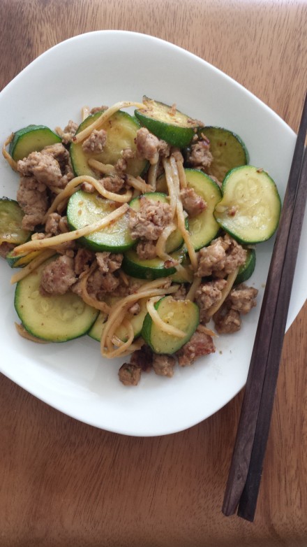 Stir fried minced pork with bamboo shoots and zucchini